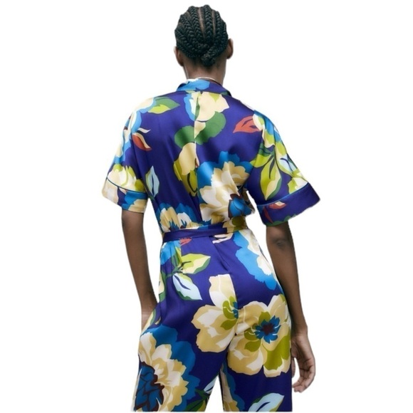 Zara Floral Silky Belted Short Sleeve Jumpsuit. Blue Green. Size L #969 NWT - Picture 4 of 7